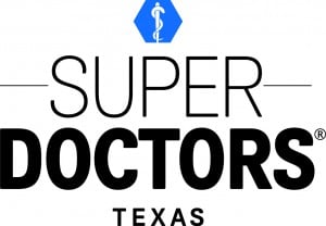 Logo featuring a blue hexagon at the top with a white Rod of Asclepius (a serpent-entwined rod), followed by the words "SUPER DOCTORS®" in large font, and "TEXAS" in smaller text below.
