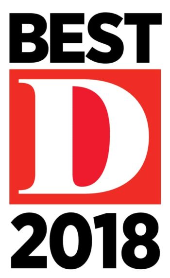 Text image displaying the words "BEST 2018" in black, surrounding a large, stylized capital "D" in white with a red background. The "D" is highlighted prominently within a square.