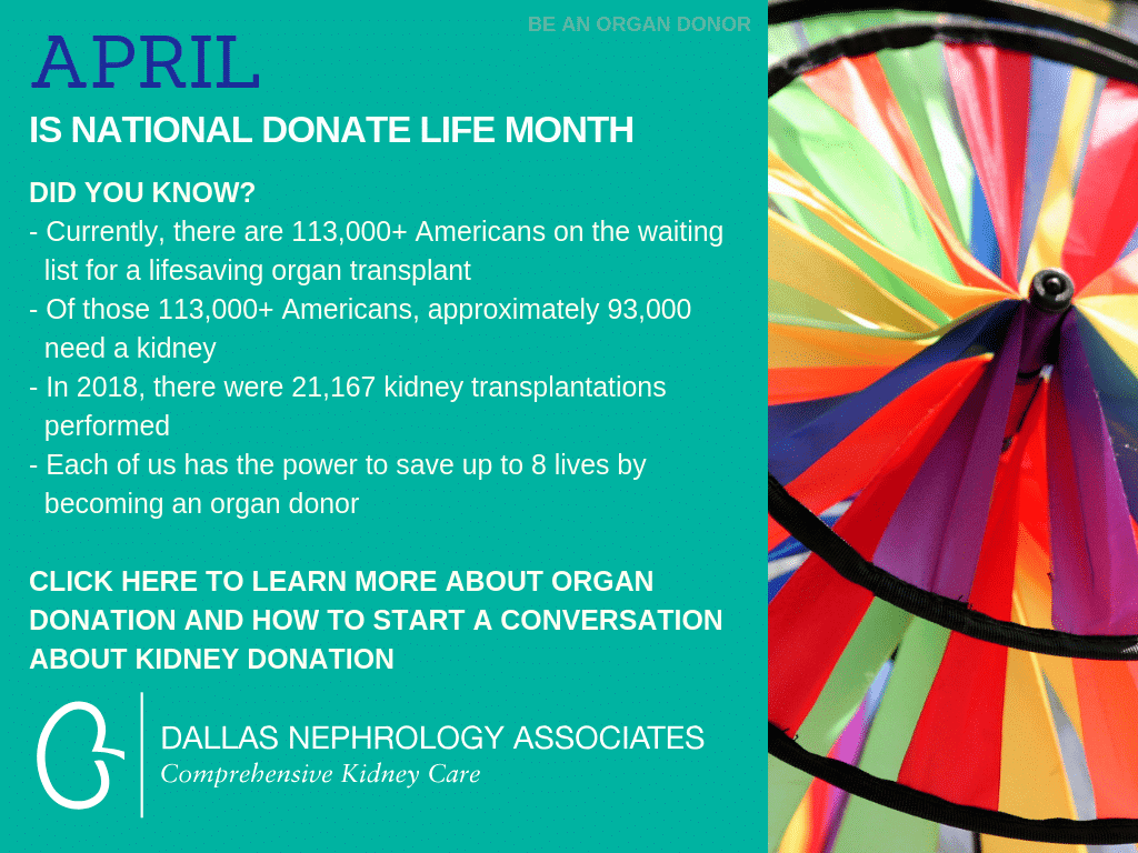 An informative poster about National Donate Life Month in April. It highlights kidney donation facts and encourages organ donation to potentially save lives. The poster is colorful with a pinwheel graphic and includes a call to action to learn more about organ donation.