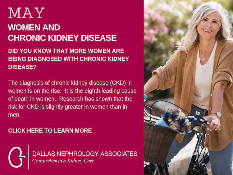 The image contains an informative poster from Dallas Nephrology Associates. It highlights that more women are being diagnosed with chronic kidney disease. A smiling woman with a bicycle is on the right, while the left side details CKD facts and invites readers to learn more.