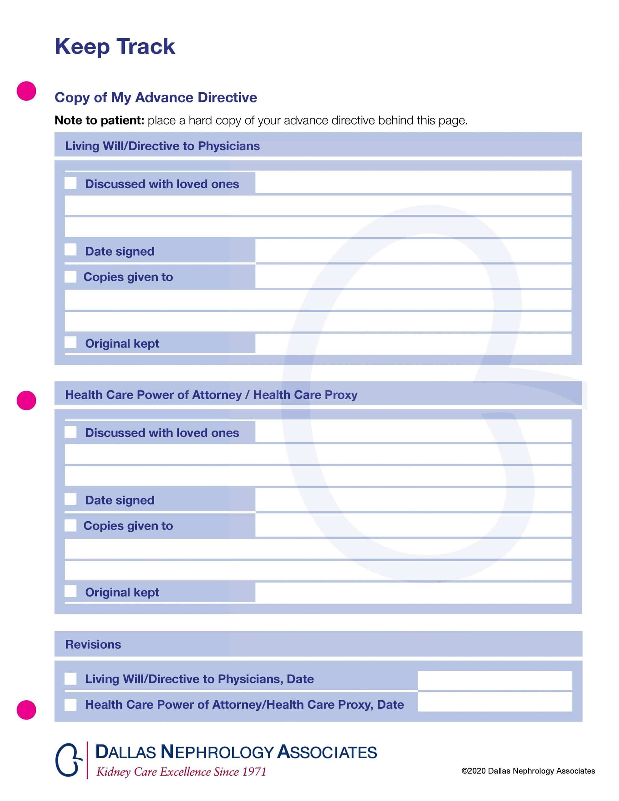 An organized form to keep track of advance directives. Sections include "Living Will/Directive to Physicians," "Health Care Power of Attorney/Health Care Proxy," and "Revisions" with spaces to record dates and copies given. Dallas Nephrology Associates branding is shown.