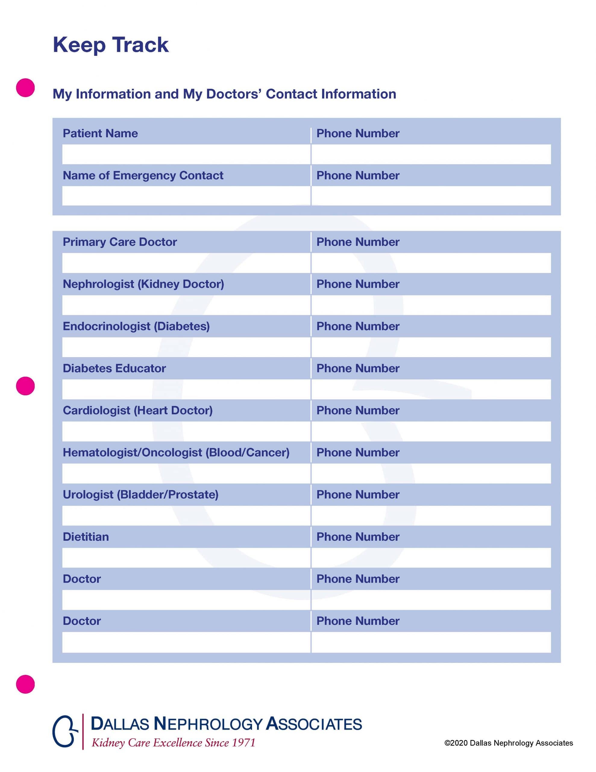 A form titled "Keep Track" for noting personal and doctors' contact information. Fields include patient name, emergency contact, and various specialists (e.g., Nephrologist, Endocrinologist, Cardiologist). The form is branded with "Dallas Nephrology Associates" at the bottom.