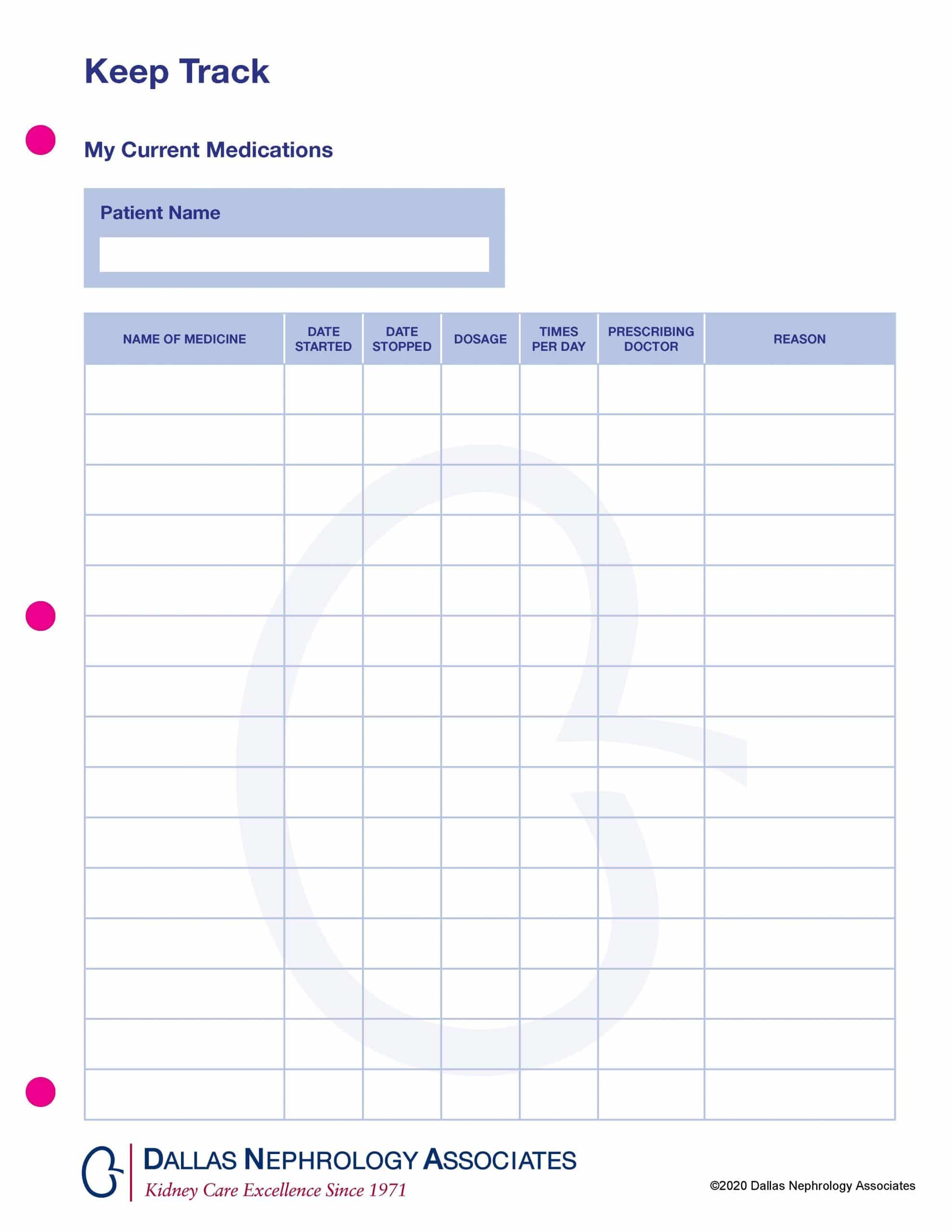 A medication tracker form titled "Keep Track" by Dallas Nephrology Associates. It includes sections for patient name, name of medicine, date started, date stopped, dosage, times per day, prescribing doctor, and reason. The form is primarily blue and white.