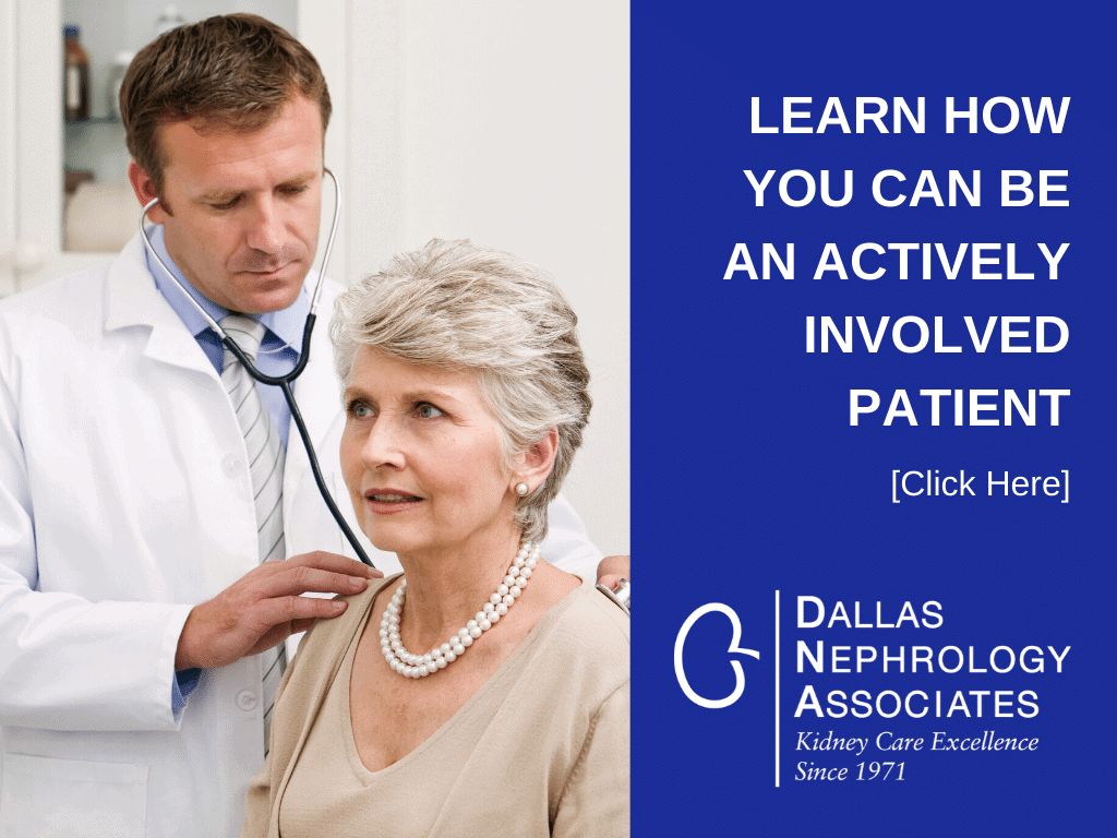 A doctor is using a stethoscope to listen to an elderly woman's chest. To the right, there is text that says, "Learn how you can be an actively involved patient [Click Here] Dallas Nephrology Associates - Kidney Care Excellence Since 1971.