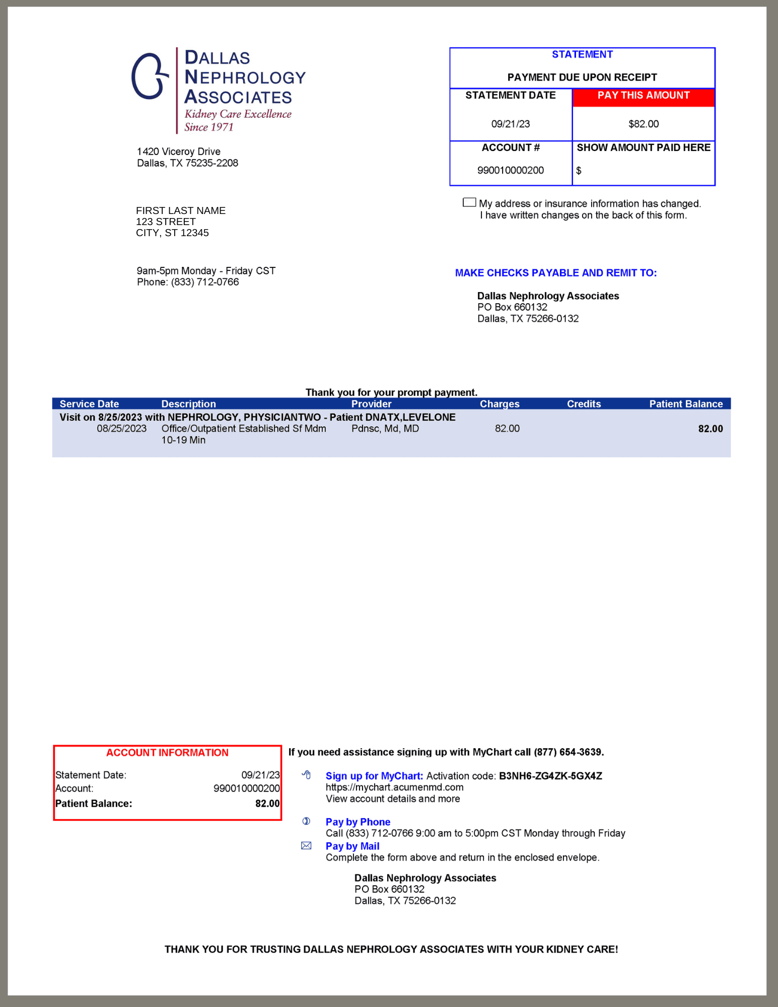 A billing statement from Dallas Nephrology Associates dated 05/31/2023. It includes patient details, service dates, descriptions, charges, and account information, along with payment instructions and contact information for billing inquiries.