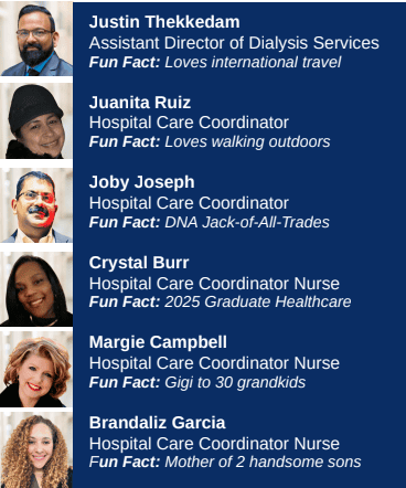 A list of five hospital care coordinators with headshots, names, titles, and fun facts—including their passion for helping patients with Chronic Kidney Disease—displayed beneath each photo, set against a dark background.